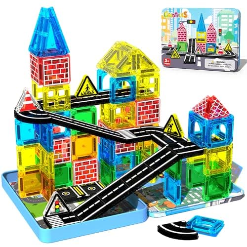 Mini Magnetic Tiles Road Set for Kids Ages 3-8, Magnetic Building Blocks with Portable Tin Box, Magnet Tiles STEM Travel Toys for Toddlers City Road Builder, Preschool Learning Gifts for Boys Girls - Image 1