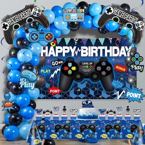 75Pieces Video Game Party Supplies Set: Decorations with Happy Birthday Gaming Backdrop, Hanging Swirls, TableCovers, Cake Topper, Foil Gamer Balloons, Multi-Color Balloons. Perfect for Game ON Party! - Thumbnail 3