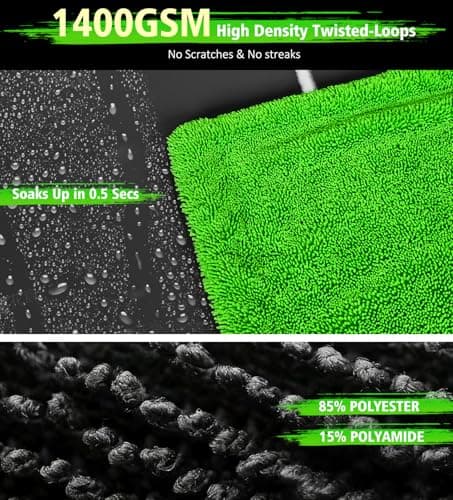 YeewayVeh "Agile Giant Car Drying Towel, 28x36 Inch Quick Car Wash Drying Towels, 1400 GSM Super Absorbent, Double Sided Microfiber Towels for Cars Effortless & Scratch-Free Detailing, Green - Thumbnail 4