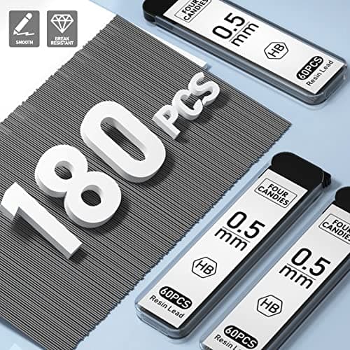 Four Candies Cute Mechanical Pencil Set with Case - 3PCS Pencils 0.5mm with 180PCS HB Lead Refills, 3PCS Erasers, 9PCS Eraser Refills, White Clear Mechanical Pencil for Students Drawing, Writing - Thumbnail 3