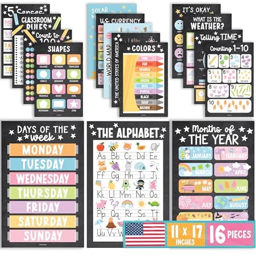 16 Educational Posters for Toddlers 1-3 - Laminated Toddler Learning Posters For Preschool & Kindergarten, Alphabet Numbers Colors Shapes Days of the Week Poster for Kids, Chalkboard Classroom Decor