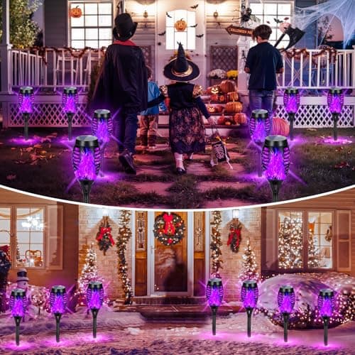 AOUNQ Solar Lights Outdoor Halloween Decorations, Upgraded 4 Pack Purple Solar Torch Lights with Flickering Flame, Waterproof Halloween Lights Outdoor, Tiki Torches for Outside Patio Pathway Decor - Thumbnail 6