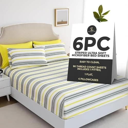 Spirit Linen home King Size Bed Sheets Set Deep Pockets - 6PC Stripes Ultra Soft Microfiber Bed Sheets - Easy to Clean, 90 Thread Count Sheets Includes 1 Fitted, 1 Flat, 2 Pillowcases (Grey/Yellow) - Image 1