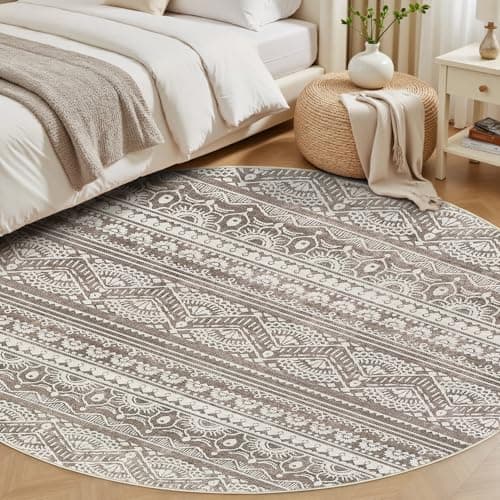 Tortania 4' Round Area Rug Living Room Rugs - Washable Large Soft Neutral Boho Moroccan Bohemian Farmhouse Rug Indoor Floor Carpet for Bedroom Under Dining Table Home Office Decor - Dark Brown - Thumbnail 2