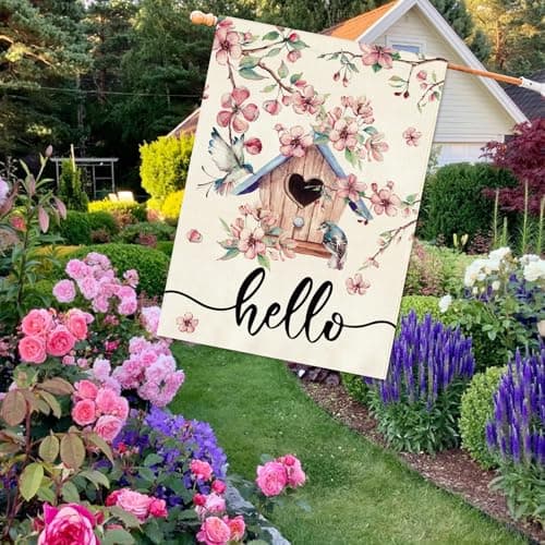 Baccessor Spring House Flag, Pink Bird House Cherry Blossoms Large Yard Flag for Outside Double Sided Burlap Porch Decor 28 x 40 Inch - Thumbnail 4