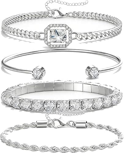 Bracelets Sets 14K Silver Plated Dainty Stackable Cuban Link Twisted Rope Chains Link Chains, Adorned Sparkling Crystal Gifts Jewelry