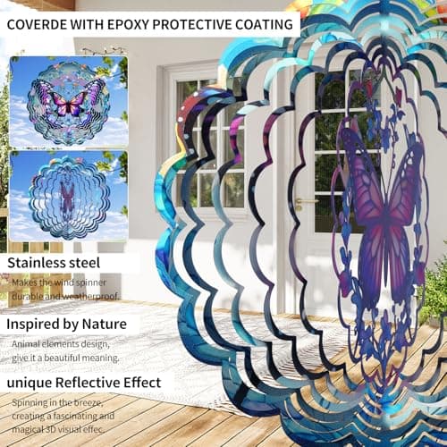Butterfly Wind Spinners Outdoor - Birthday Gifts for Women Mom Men Garden Decor Gifts, Butterflies Hanging Wind Chimes 12 inch 3D Wind Spinner for Outdoor Decor for Outside, Patio, Yard, Balcony - Thumbnail 3