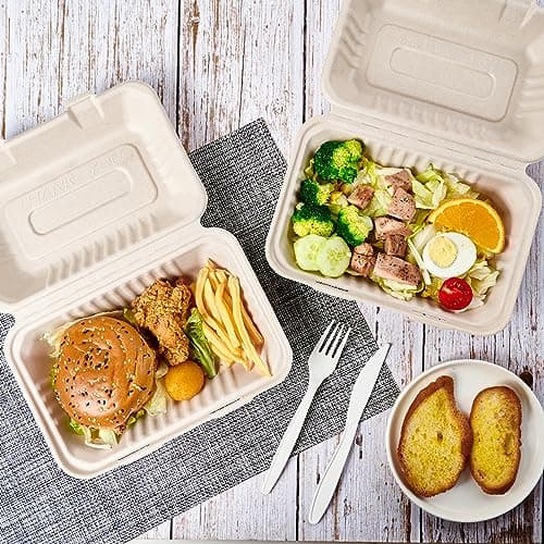 ECOLipak 75 Pack Clamshell Take Out Food Containers, 100% Compostable To Go Containers Disposable, 9X6 inch Heavy-Duty To Go Boxes, Eco-Friendly Biodegradable To Go Containers For Food - Thumbnail 5