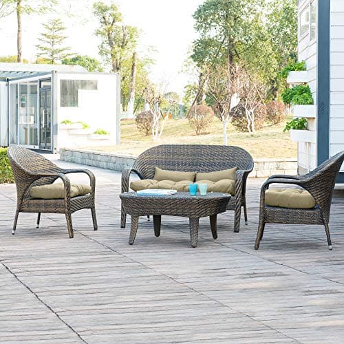 QILLOWAY Outdoor Patio Wicker Seat Cushions Group Loveseat/Two U-Shape/Two Lumbar Pillows for Patio Furniture,Wicker Loveseat,Bench,Porch,All Weather, Settee of 5 (Beige) - Thumbnail 5