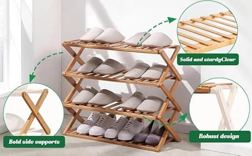 BLBPZL Bamboo Shoe Rack 4 Tier Collapsible - Shoe Rack for Entryway, Without Installation Storage Shelf Rack Perfect for Entryway Corridors Front Door Living Room Kitchen, Original Color - Thumbnail 5