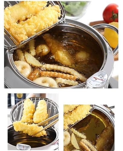 Deep Fryer Pot, Japanese Style Tempura Deep Fryer Frying Pot With Thermometer, Lid, Oil Drip Drainer Rack for French Fries Fish Shrimp Chicken 7.9 Inch/2.2 L 304 Stainless Steel Gifts - Thumbnail 3
