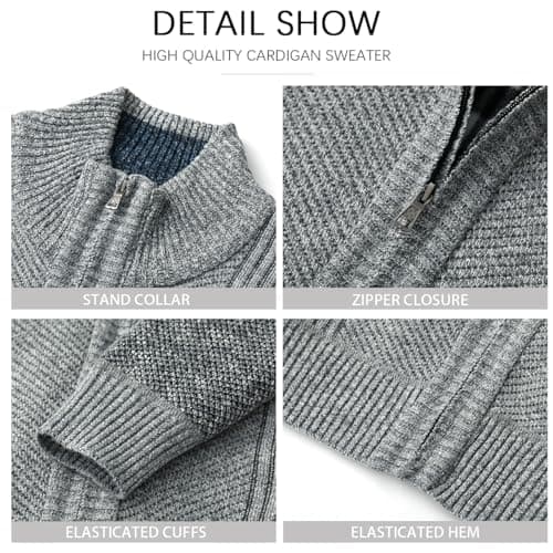 Msmsse Men's Casual Stand Collar Cardigan Full Zipper Knit Sweater with 2 Front Pockets Light Grey M - Thumbnail 3