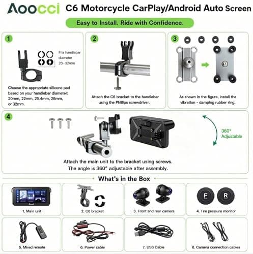 Aoocci C6 PRO Motorcycle Dash Cam Front and Rear, Motorcycle CarPlay, 1080P Dual Dash Motorbike Camera with Apple CarPlay and Android Auto, GPS & Emergency Lock, 140° Wide Angle, IP67 Waterproof - Thumbnail 2