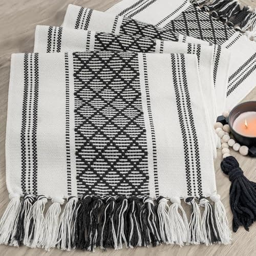 yuboo Black and White Striped Table Runner Farmhouse Style, Modern Short Woven Coffee Table Runner 48 Inches Long, Geometric Dresser Runners for Bedroom, Nightstand, Black Gothic Table Decor - Thumbnail 2