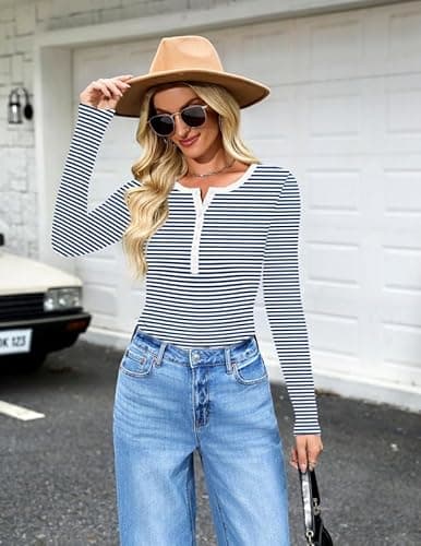 Misakia Long Sleeve Shirts for Women 2025 Spring Fall Tops Henley Button Ribbed Tunic Slim Fit Trendy Outfits White and Blue Stripes L - Thumbnail 2