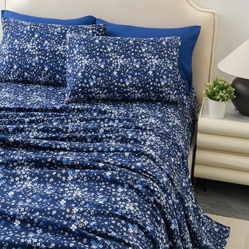 King Size Bed Sheets Set Deep Pockets - 6PC Floral Ultra Soft Microfiber Bed Sheets - Easy to Clean, 90 Thread Count Sheets with Fitted Sheet, Flat Sheet & Pillowcases (Navy/Ditsy Floral) - Thumbnail 2