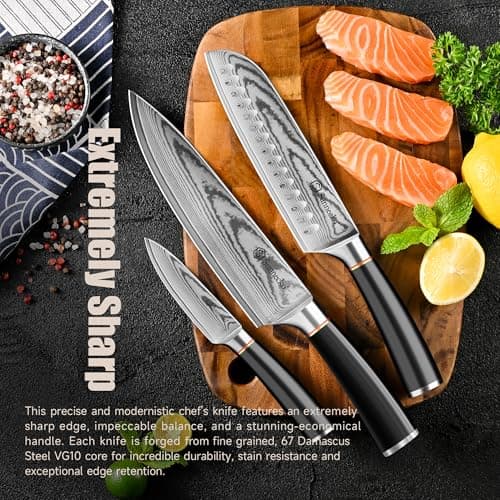 Sunnecko Damascus Knives Set,Japanese VG10 Core Steel Damascus 3PCS Chef Knife Set,Professional Razor Sharp Kitchen Knives Set with Knife Sharpner - Thumbnail 5