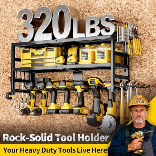 SEENWUUN Power Tool Organizer Wall Mount Heavy Duty 320 lbs, 3 Layers Storage Rack with 9 Drill Holders & Battery Storage, cordless tool organizer for Garage, Workshop & Tool Room - Thumbnail 3