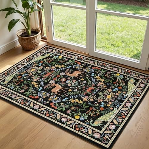 Small Vibrant Black Entryway Rug 2x3 - Front Door Rug Indoor Entrance, Small Carpet for Kitchen Floor, Bathroom, Powder Room, Washable Low Pile Non Slip, Floral Print Home Décor - Image 1