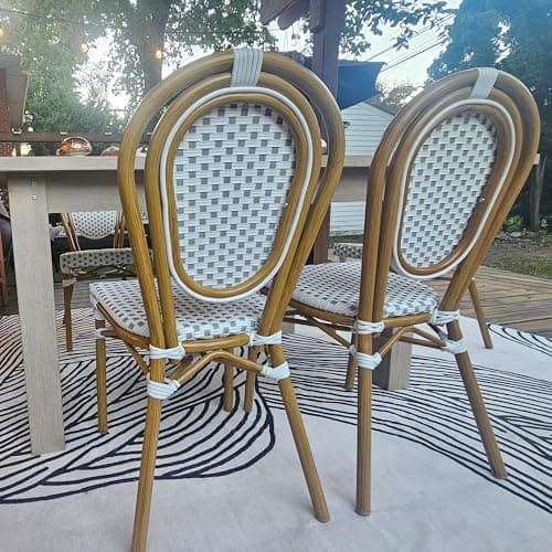 PURPLE LEAF Patio Dining Chair Set of 2 Outdoor French Aluminium Frame in Bamboo Finish with White & Gray Woven Rattan for Indoor Kitchen Deck Bistros Cafe Restaurant - Thumbnail 4