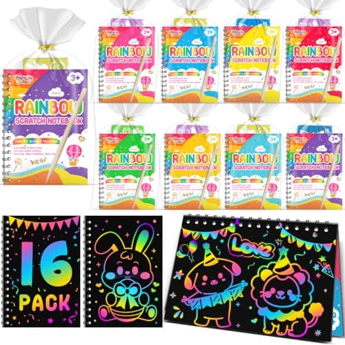 FEREDO KIDS Scratch Paper Art Party Favors for Kids: 16 Pack Rainbow Scratch Notebook, Goodie Bags Stuffers Coloring Books Party Favors for Kids 3-12, Bulk Classroom Birthday Gifts for Student - Image 1