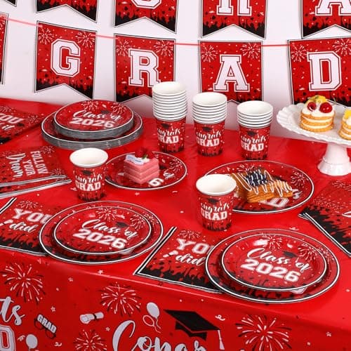 NatNarr Graduation Decorations 2026, Red Graduation Party Supplies Include Class Of 2026 Grad Plates Napkins Cups Tablecloth Congrats Grad Banner for Middle College High School, Serve 25 Guest - Thumbnail 5