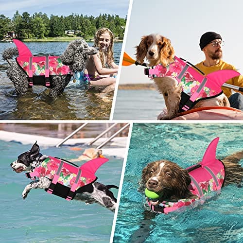 Dogcheer Dog Life Jacket Shark, Hawaiian Style Dog Life Vest for Swimming Boating with Superior Buoyancy and Rescue Handle, Reflective Pet Swim Vest for Small Medium Large Dogs - Flower Pink, M - Thumbnail 5