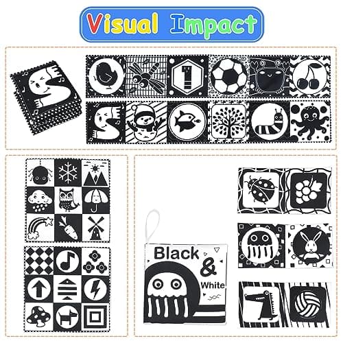 KUANGO Newborn Toys Black and White Baby Toys 0-3 Months High Contrast Baby Toys for Newborn - High Contrast Baby Soft Book Infant Tummy Time Toys Crinkle Sensory Toys for Brain Development - Thumbnail 2