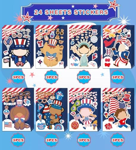 4th of July Outfits for Women - 24Pcs Patriotic Stickers, Make-a-face Stickers,Fourth of July Decorations Accessories Party Favors Supplies for Memorial Day Classroom DIY Crafts Party Decorations - Thumbnail 3