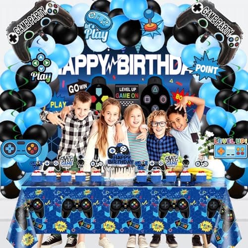 Video Game Party Decorations Set – 75Pcs Gamer Birthday Supplies with Gaming Backdrop, Hanging Swirls, Table Cover, Controller Foil Balloons，Cake Toppers for Game Night, Room Decor - Thumbnail 5