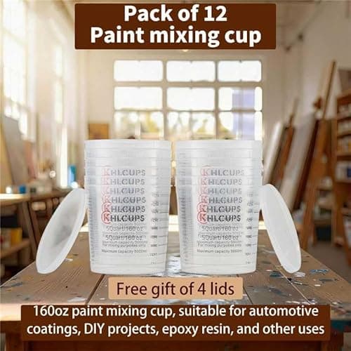 12 Pcs cups and 4 lids 160 oz Graduated Paint Mixing Cups 5 Quart Disposable Clear Paint Mixing Bucket Plastic Epoxy Measuring Cups with Ratios on Side of Cup for Resin, Epoxy, Art - Thumbnail 3