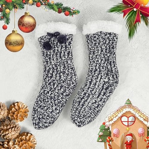 BenSorts Warm Slipper Socks for Women Plush Fuzzy Socks With Grips Grippers Non Slip Sleep House Socks Soft Thick Mothers Holiday Gift Blue - Thumbnail 6