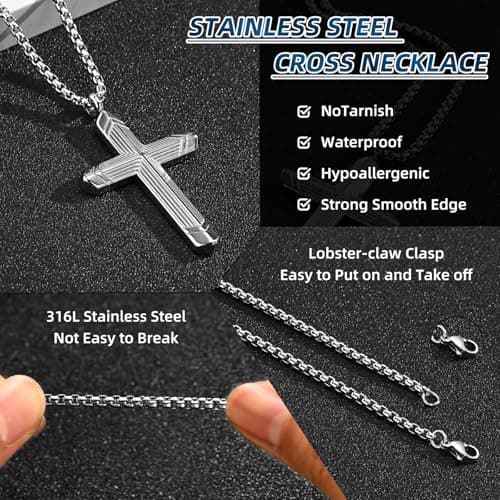 Stainless Steel Cross Necklace for Men, Silver Black gold plated Cross Pendant Jesus Necklace Chain, Non Tarnish Sturdy Mens Christian Jewelry Gifts for Him Baptism Confirmation Birthday, 24 Inch - Thumbnail 5