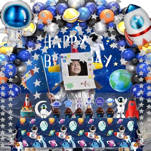 Outer Space Birthday Party Decorations – 96Pcs Set with Backdrop, Table Cover, Star Garland, Rocket & Astronaut Foil Balloons, Cake Topper, Latex Balloons for Space Party, Room Decor - Thumbnail 3