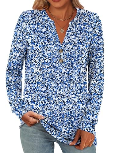ANRABESS Women's Long Sleeve Shirts 2026 Spring Fashion Dressy Casual Tops Trendy Henley Blouses Cute Work Outfits Clothes Blue White Floral Medium - Image 1