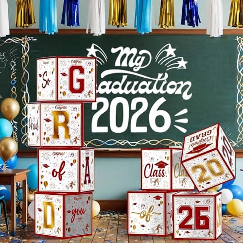 OHOME 8 Pack Graduation Decorations 2026 - Graduation Party Decorations 2026 - Balloon Boxes for Class of 2026 Party Favors Supplies - Yard Signs Banner Backdrop Decor (Red) - Thumbnail 4