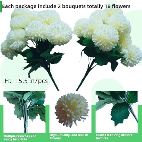TransBloom, Artificial Chrysanthemum Ball, 18 Heads, Green Flowers Stems, Fake mums Ball Flowers, 15.5 Inch, Indoor Floral Arrangement for Home Decor, Living Room, Vase Centerpiece (Light Green) - Thumbnail 5
