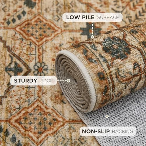 Joydeco Runner Rug 2x5 Non Slip Machine Washable Vintage Hallway Carpet Runner, Low Pile Lightweight Chenille Print Rugs for Entryway, Hallway, Bedroom, Kitchen and Corridor, Tan - Thumbnail 5