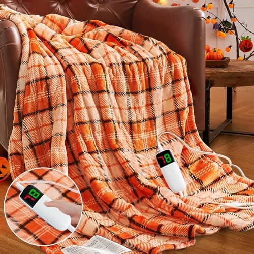 Orange Heated Throw Blanket Electric, 50X60 Heating Throw with 10 Heats Levels&8 Hours Auto Off&Timer for Lap, Plaid Soft Sherpa Orange Blanket Warmer Gift for Women Adults,Halloween Home Decor