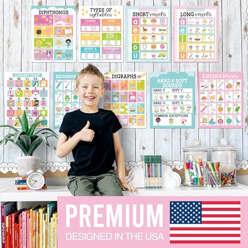 Hadley Designs Phonics Posters For Classroom - 9 Sound Wall Classroom Phonics For Kindergarten & Elementary, Syllable Types, Long and Short Vowel Sounds, Digraphs & Blends, Pastel Bulletin Board Set - Thumbnail 2
