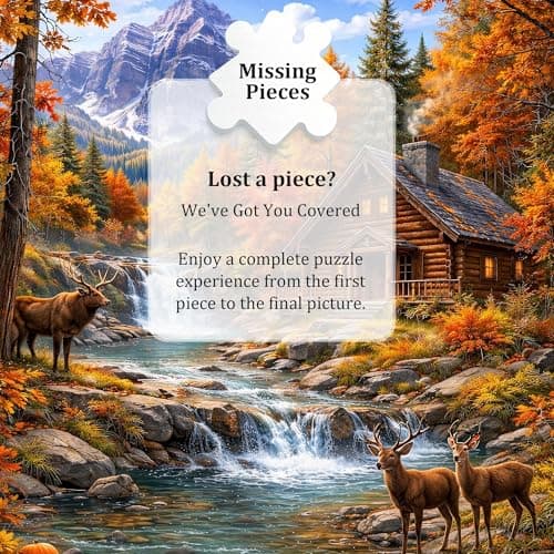 Teemosreal Puzzles for Adults 1000 Pieces, Autumn Mountain Cabin Jigsaw Puzzle, Scenic Fall Forest Waterfall & Deer Colorful Nature Landscape Puzzle with Poster, Challenging Puzzles for Game Night - Thumbnail 4