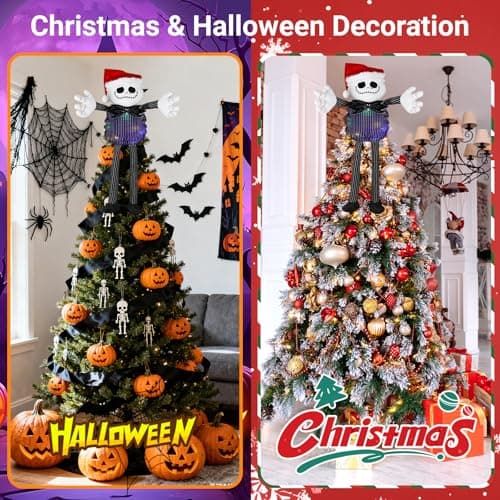 Christmas Tree Topper with Colorful String Light, Stretchable Body Jack Huggers with Santa Hat, Poseable Handmade Tree Topper for Halloween Christmas Party Decor (Jack Tree Topper) - Thumbnail 4