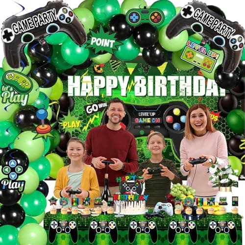 Video Game Birthday Party Decorations Kit – 77PCS Gamer Supplies with Backdrop, Hanging Swirls, Foil Balloons, Table Cover, Cake Topper for Boys Kids Game Theme Party - Thumbnail 2