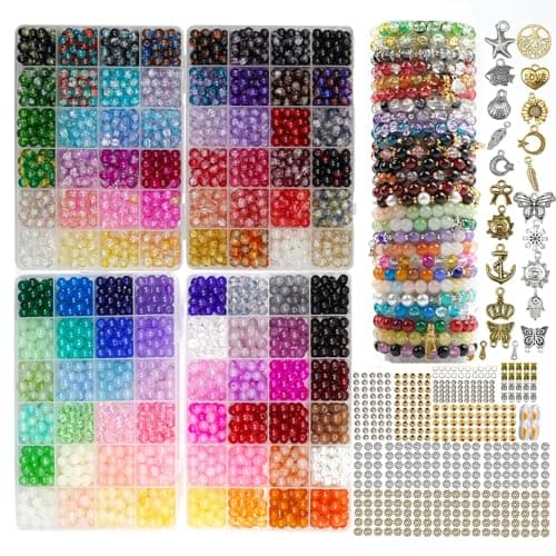 Hanyoung 8mm Glass Beads for Bracelet Making kit, 96 Colors 2900 pcs Crackle and Solid Beads Jewelry Making, Crystal Glass Round Beads for DIY Crafts Gifts (Solid & Crackle Color)