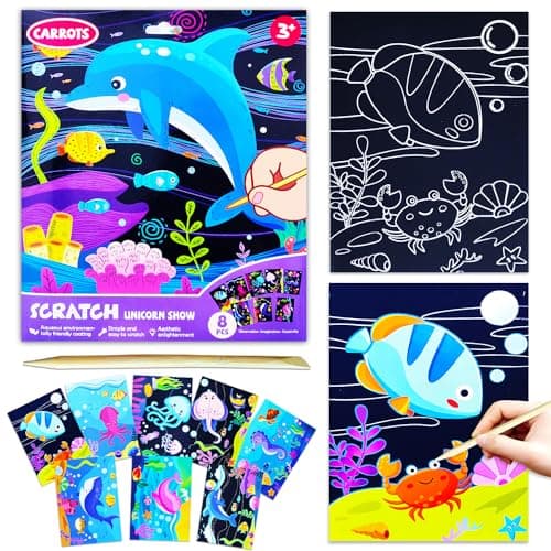 BAOXUE Scratch Art for Kids, Sea Black Rainbow Scratch Paper Set-Arts and Crafts & Supplies, DIY Activity & Party Games, Magic Paper Gifts for Toddlers, Girls, Boys