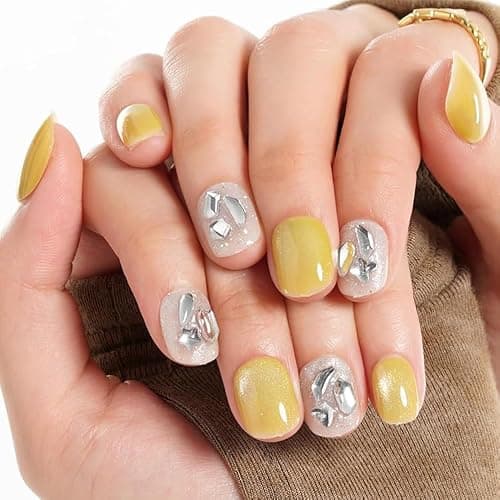 GLAMERMAID White Short Press on Nails, 3D Rhinestone Handmade Extra Short Squoval Glue on Nails for Women, Square Jelly Soft Gel Fake Nails, Round Reusable Acrylic False Nails Manicure Kit for Women