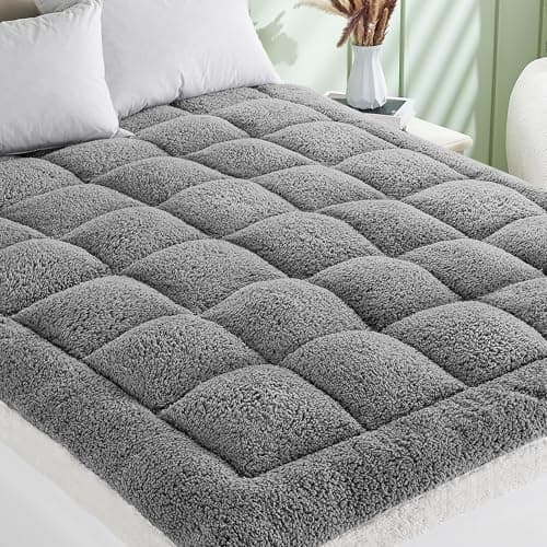 Cymula Pillow Top Mattress Topper Queen, Thick Queen Size Mattress Topper for Back Pain Sherpa Mattress Pillow Top Pad with Plush Fluffy Down Alternative Mattress Cover with 8-21" Deep Pocket, Grey - Image 1