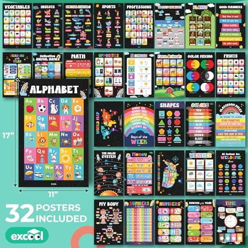 Excool Club 32 Chalkboard Educational Posters For Toddlers 1-3, Toddler Learning Posters For Kids Ages 3-5, Kindergarten Classroom Must Haves, Laminated Abc Number Chart Prek Classroom Decor Preschool - Thumbnail 2