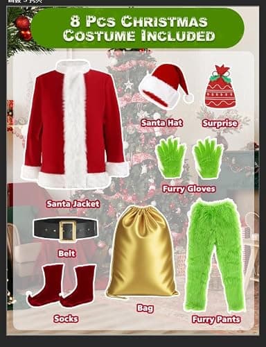 ACH Christmas Costume Adults Men Santa Claus Suit 7PCS Deluxe Professional Furry Xmas Halloween Cosplay Outfit for Adult Set - Thumbnail 5