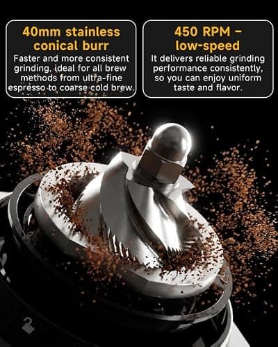 IAGREEA Conical Burr Coffee Grinder for Espresso, 48 Adjustable Precise Timed Grind Settings Electric Coffee Bean Grinder, Anti-Static Stainless Steel One Touch Grinder with Portafilter Holder - Thumbnail 4
